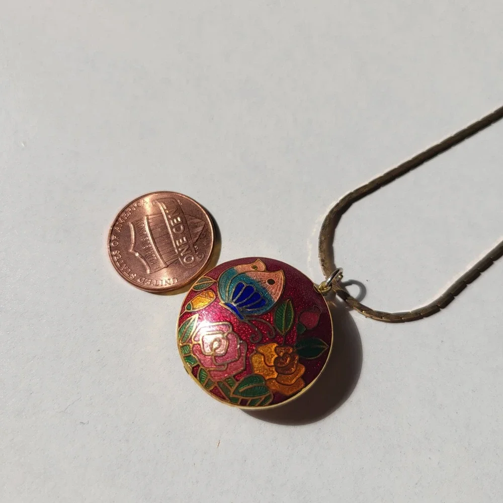 Vintage Two Sided Puffy Cloisonne Pendant Necklace Red Floral Butterfly